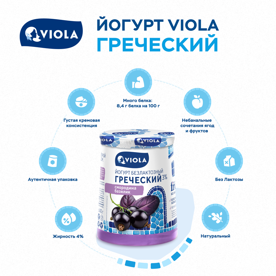 Йогурт VIOLA Free Греческий безлактозный с черной смородиной и базиликом 3%, без змж, 140г, превью