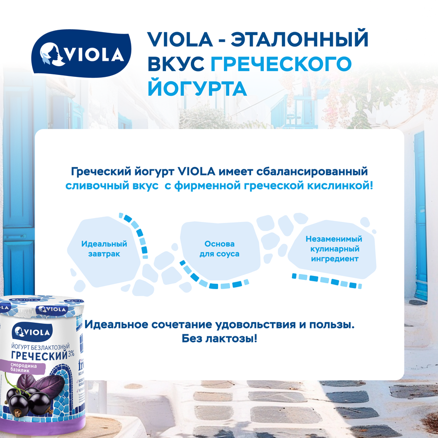 Йогурт VIOLA Free Греческий безлактозный с черной смородиной и базиликом 3%, без змж, 140г, предпросмотр