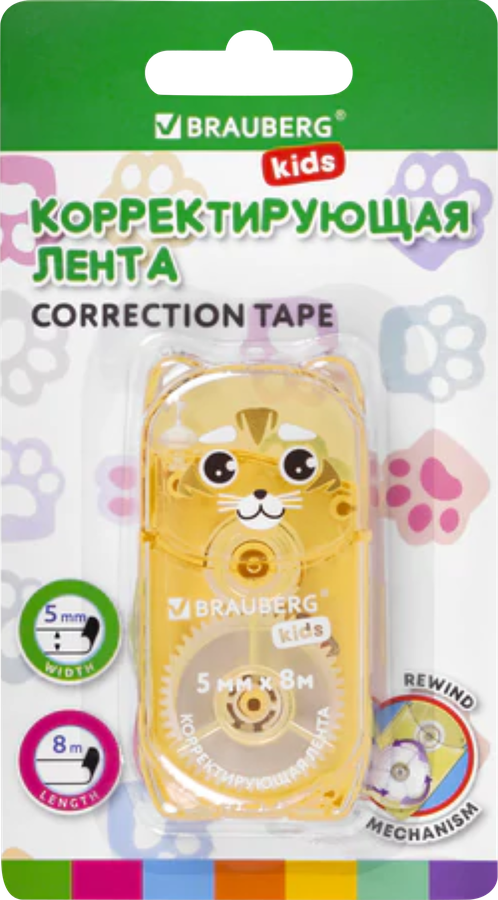 Лента корректирующая BRAUBERG KIDS Зверята, 5мм, механизм перемотки, в ассортименте, 8м, превью