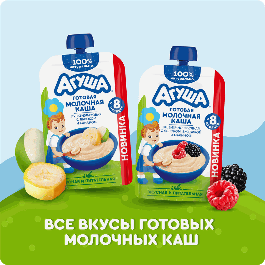 Каша пшенично-овсяная АГУША молочная с яблоком, ежевикой и малиной, с 8 месяцев, 100г, превью