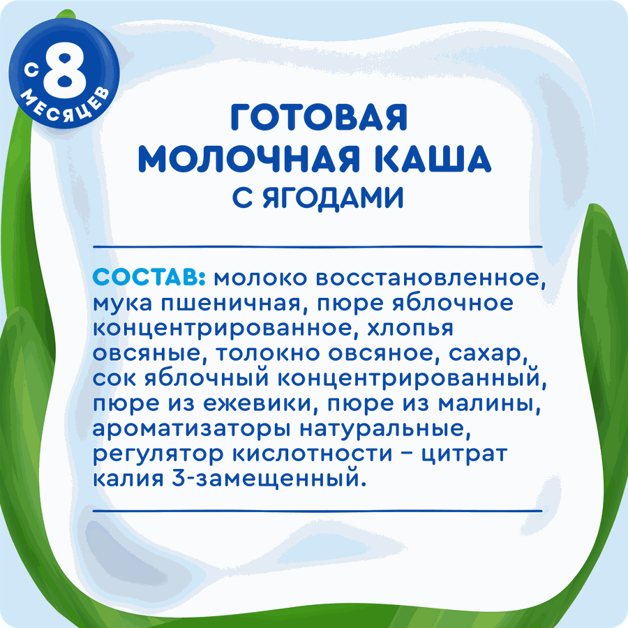 Каша пшенично-овсяная АГУША молочная с яблоком, ежевикой и малиной, с 8 месяцев, 100г, предпросмотр