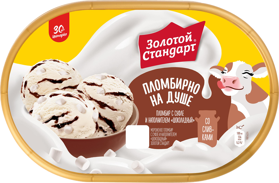 Мороженое ЗОЛОТОЙ СТАНДАРТ Пломбир с суфле и шоколадным наполнителем 12%, без змж, контейнер, 445г, превью