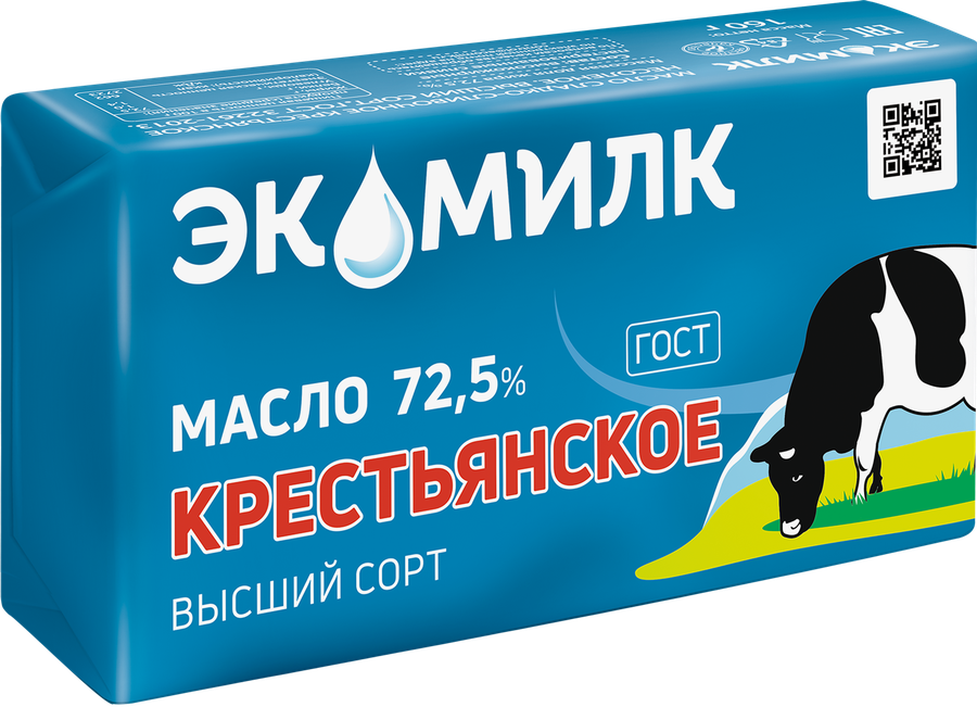 Масло сладкосливочное ЭКОМИЛК Крестьянское несоленое 72,5%, без змж, 160г, превью