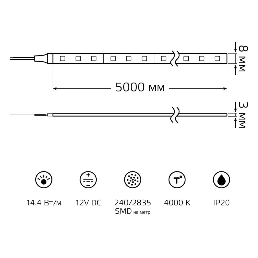 Лента Gauss Basic LED 2835/240 12V 14,4W/m 1600lm/m 4000K 10mm IP20 5m, превью