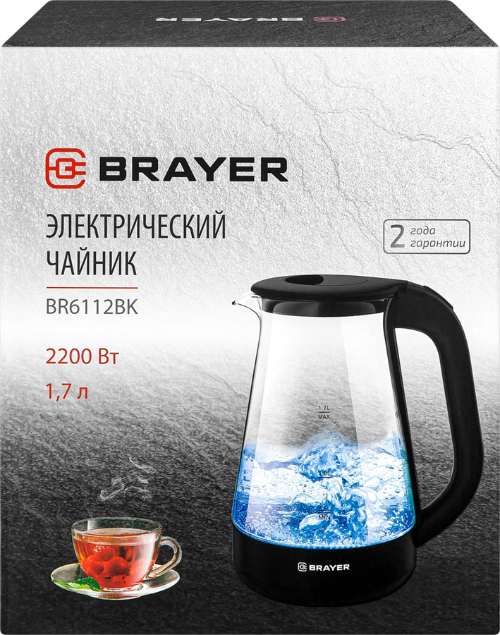 Чайник электрический BRAYER 2200 Вт, 1.7л, стеклянный корпус, автоотключение, Арт. BR6112BK, превью