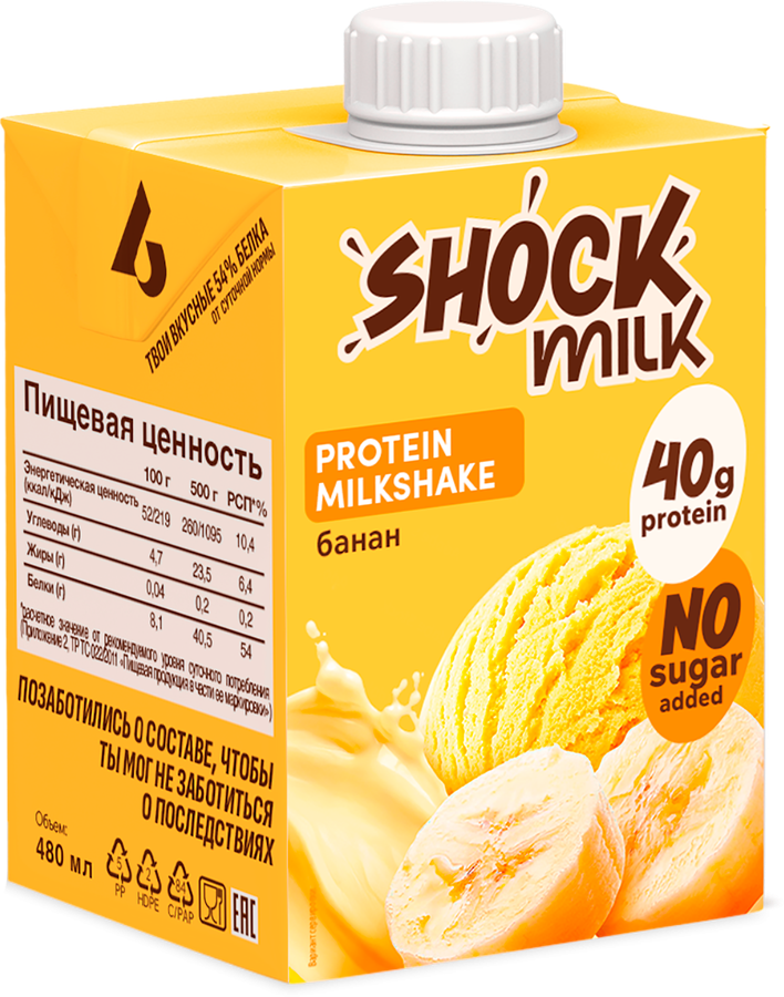Коктейль молочный ультрапастеризованный SHOCK MILK Банан высокобелковый обезжиренный, 480мл, превью