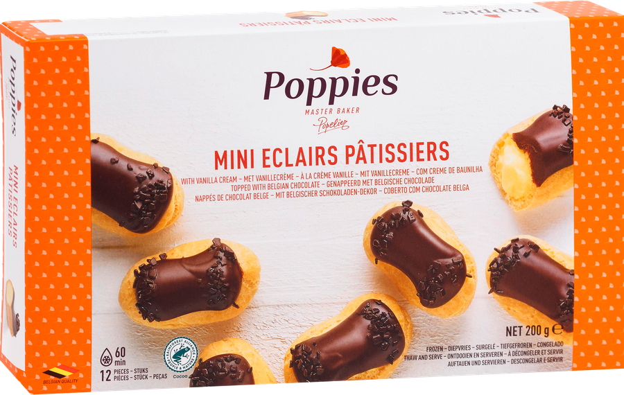 Мини-эклеры замороженные POPPIES Патисьер, со взбитыми сливками и баварским кремом, в шоколадной глазури, 200г, превью