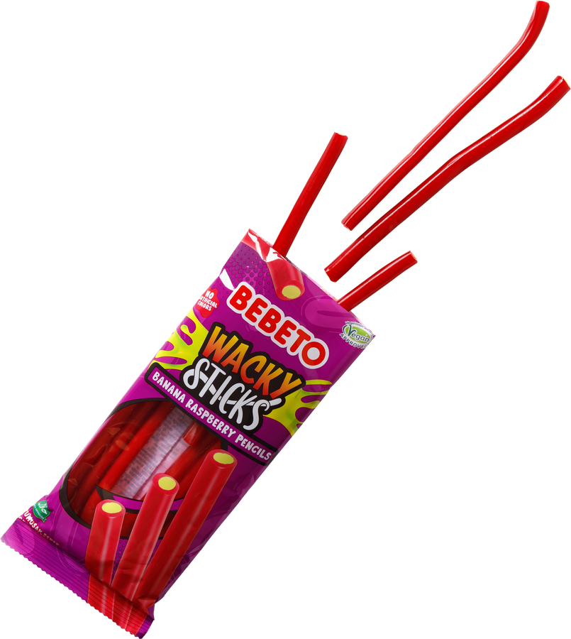 Мармелад жевательный BEBETO Wacky sticks banana&raspberry pencils со вкусом малины и банана, 160г, предпросмотр