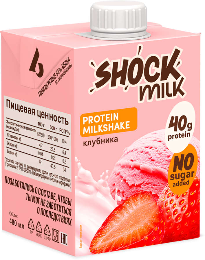 Коктейль молочный ультрапастеризованный SHOCK MILK Клубника высокобелковый обезжиренный, 480мл, предпросмотр