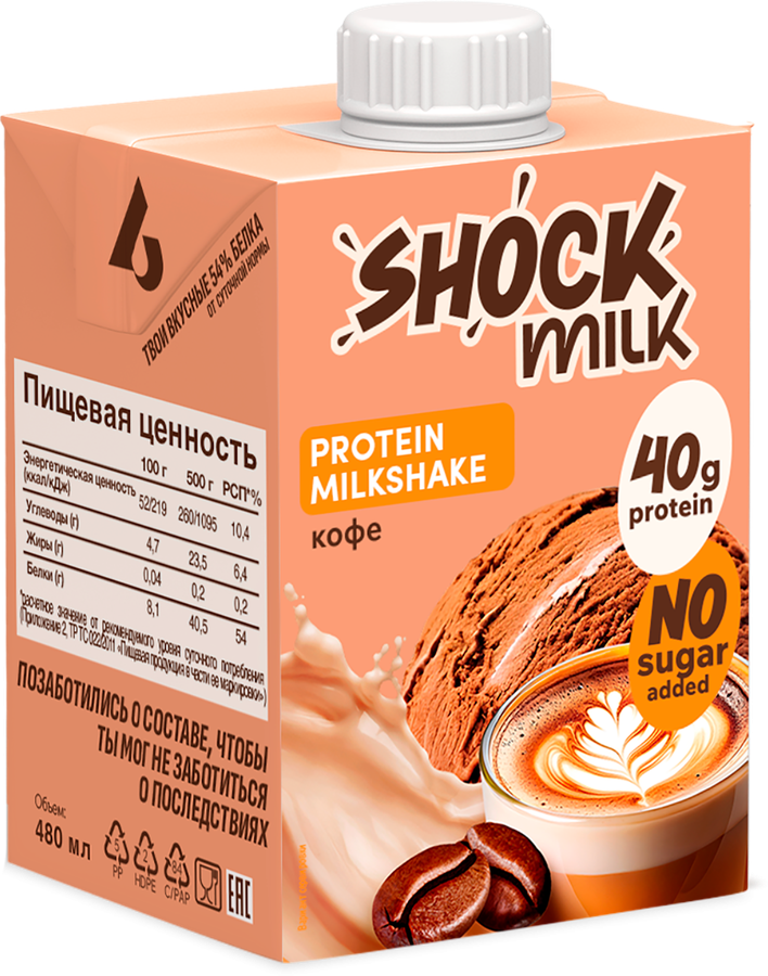 Коктейль молочный ультрапастеризованный SHOCK MILK Кофе высокобелковый обезжиренный, 480мл, превью