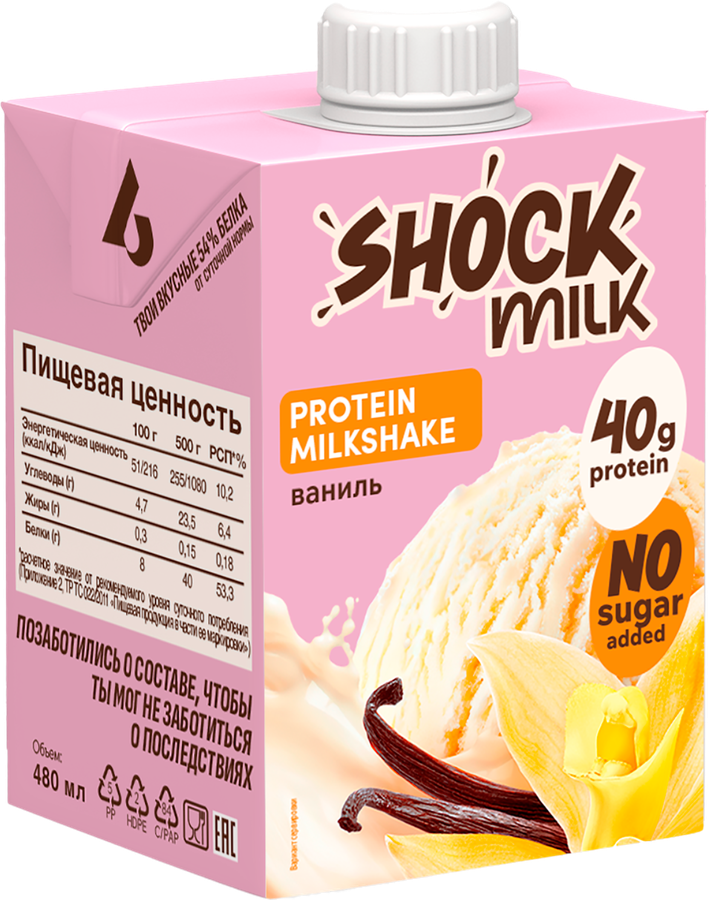 Коктейль молочный ультрапастеризованный SHOCK MILK Ваниль высокобелковый обезжиренный, 480мл, предпросмотр