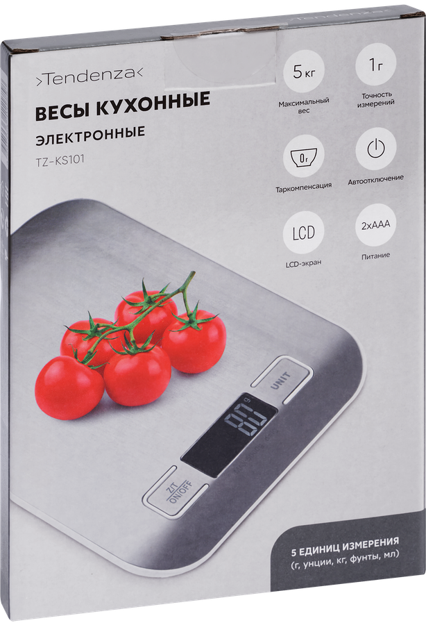 Весы кухонные TENDENZA LED-экран, 2хААА, шаг 1г, максимальный вес 5кг, Арт. TZ-KS101, превью