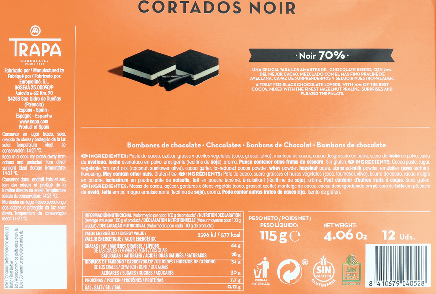 Конфеты шоколадные TRAPA Cortados Noir, 115г, превью
