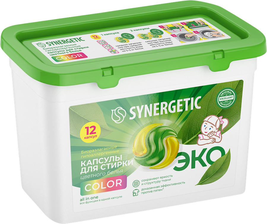 Капсулы для стирки SYNERGETIC COLOR, 12шт, превью