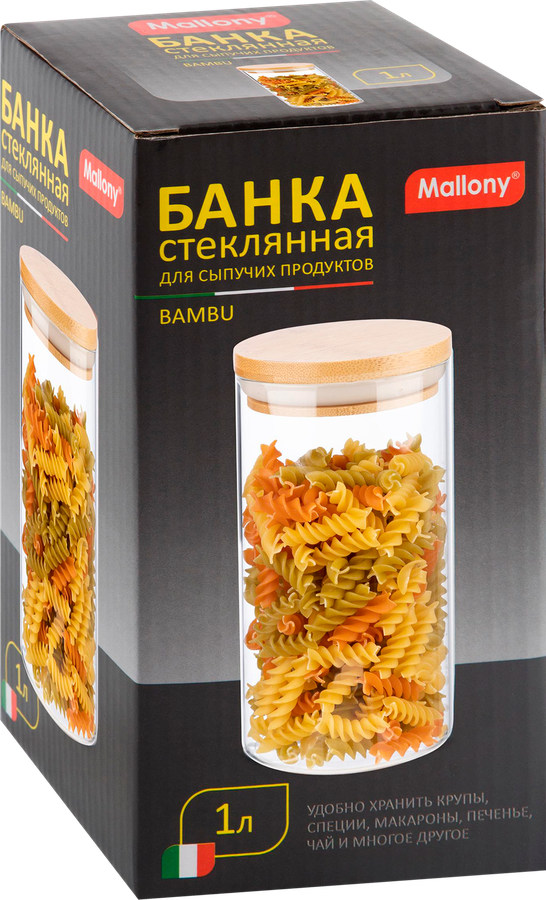 Банка для сыпучих продуктов MALLONY Bambu, с крышкой, стекло, 1л, Арт. 109879, предпросмотр