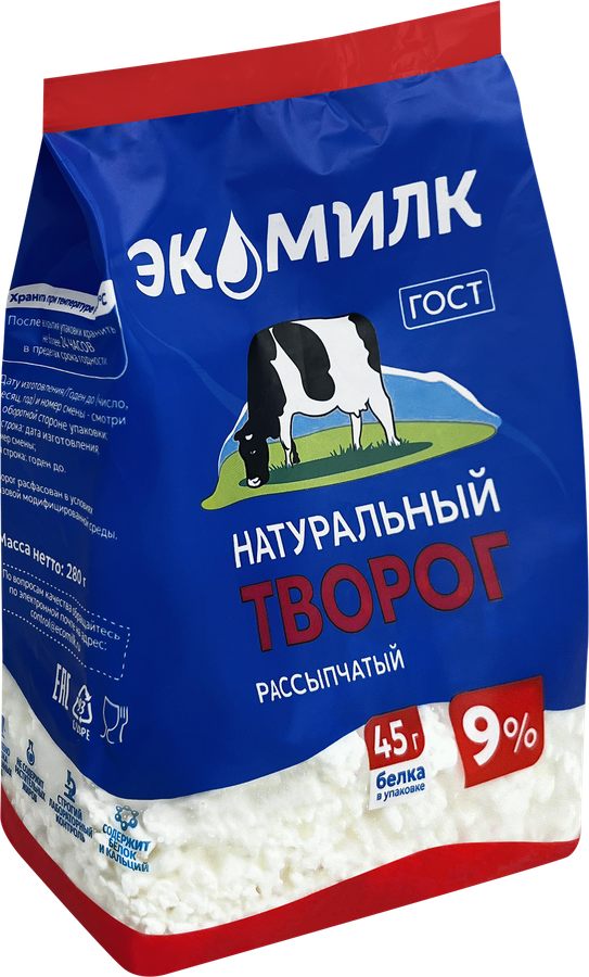 Творог рассыпчатый ЭКОМИЛК натуральный 9%, без змж, 280г, превью