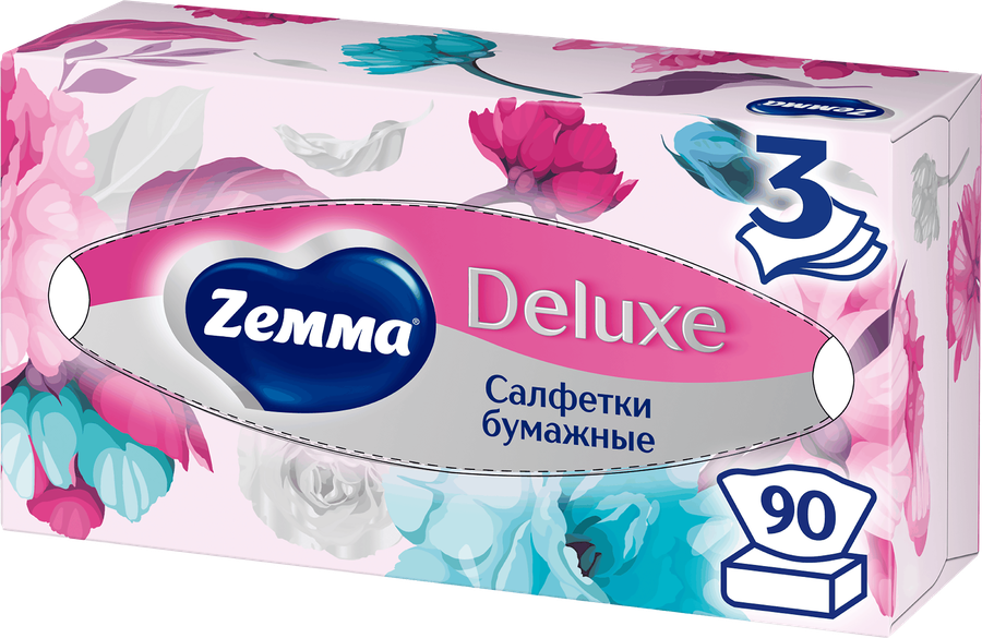 Салфетки бумажные ZEMMA Deluxe Design 3 слоя, в ассортименте, 90шт, превью