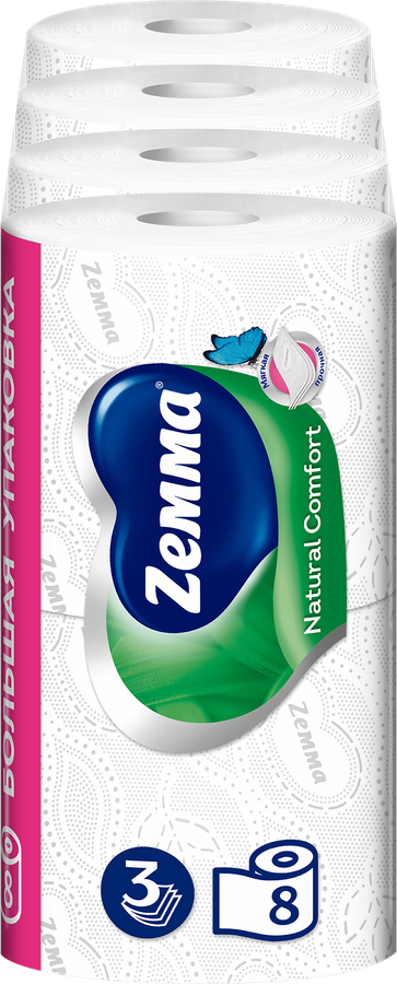 Бумага туалетная ZEMMA Natural Comfort без аромата 3 слоя, 8шт, предпросмотр