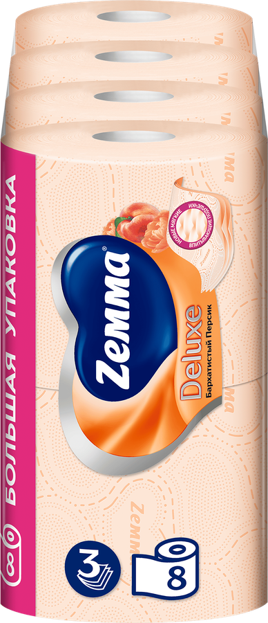 Бумага туалетная ZEMMA Deluxe Бархатистый персик 3 слоя, 8шт, предпросмотр