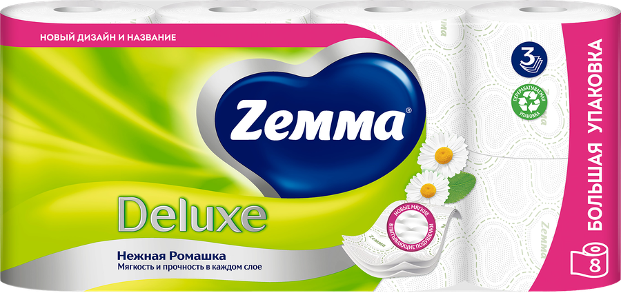 Бумага туалетная ZEMMA Deluxe Нежная Ромашка 3 слоя, 8шт, предпросмотр