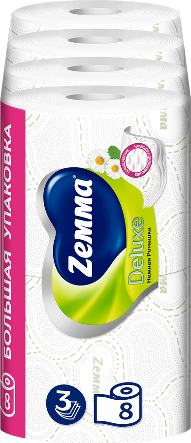 Бумага туалетная ZEMMA Deluxe Нежная Ромашка 3 слоя, 8шт, превью