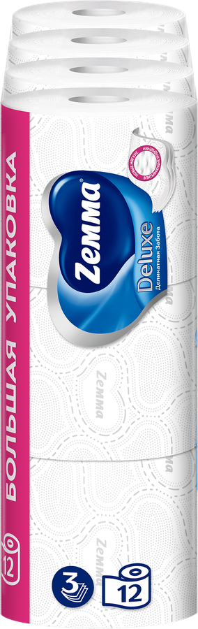 Бумага туалетная ZEMMA Deluxe Деликатная Забота 3 слоя, 12шт, предпросмотр