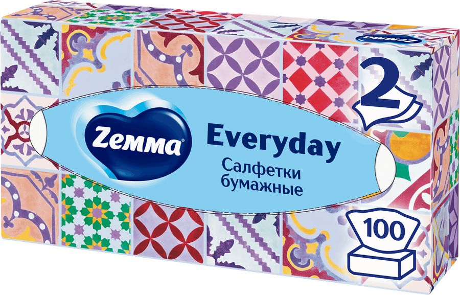 Салфетки бумажные ZEMMA Everyday 2 слоя, в коробке, 100шт, превью
