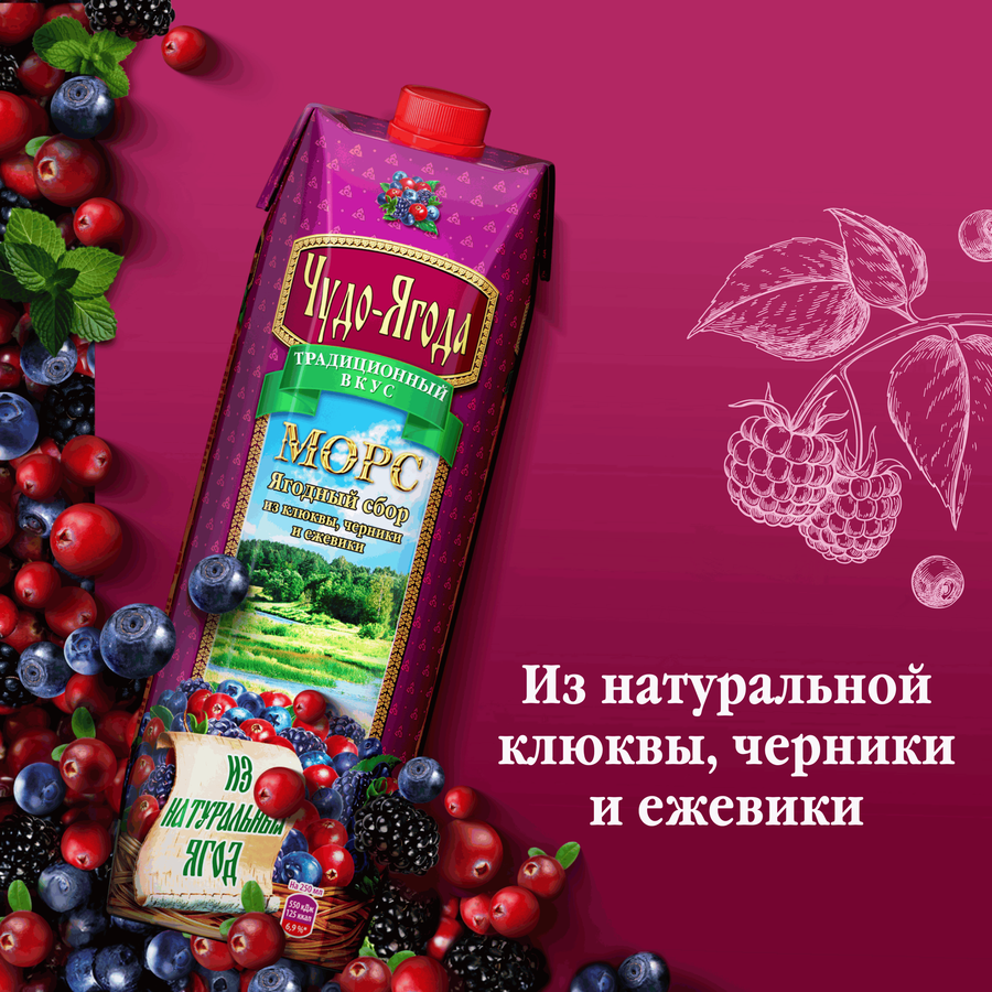 Морс ЧУДО-ЯГОДА Ягодный сбор Клюква, черника и ежевика, голубика, 0.97л, превью
