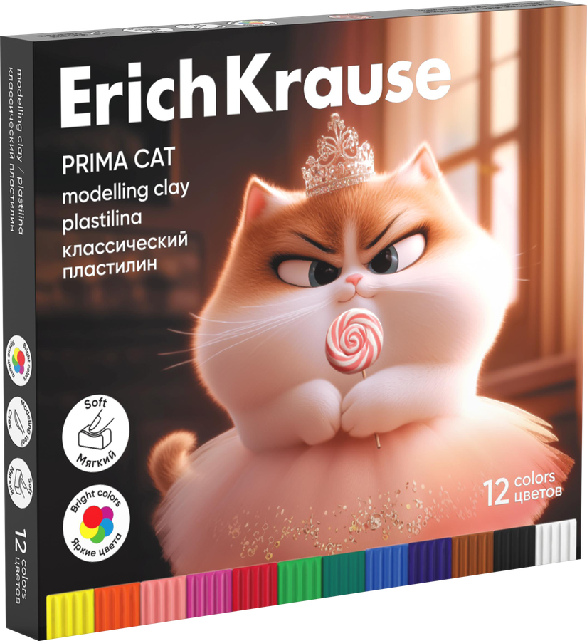Пластилин ERICHKRAUSE Классический Прима-кошка 12 цветов со стеком, 192г, предпросмотр