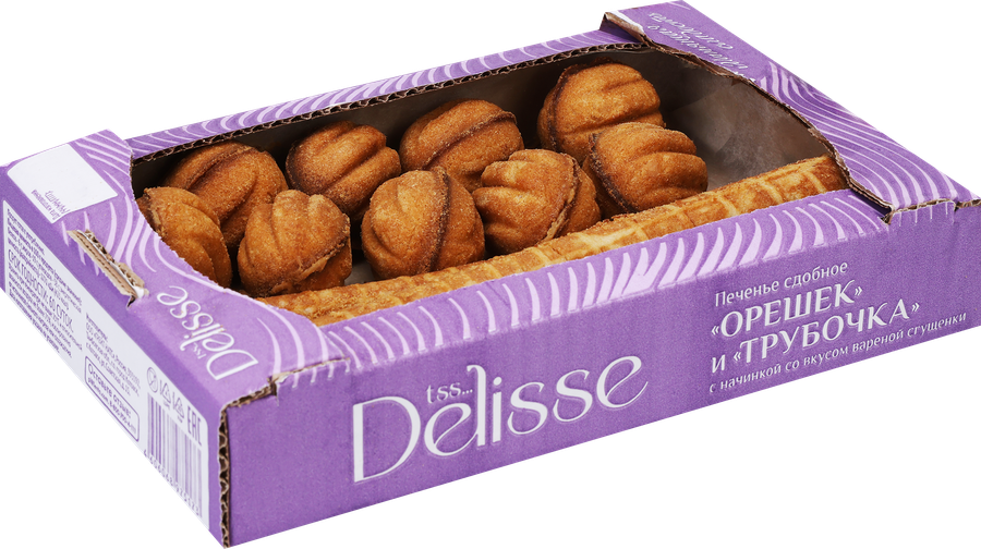 Печенье сдобное DELISSE Орешек и Трубочка, с начинкой со вкусом вареная сгущенка, 500г, предпросмотр