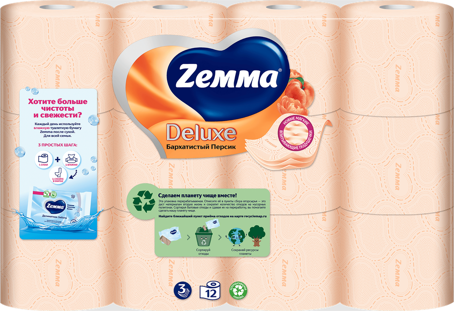 Бумага туалетная ZEMMA Deluxe Бархатистый персик 3 слоя, 12шт, предпросмотр