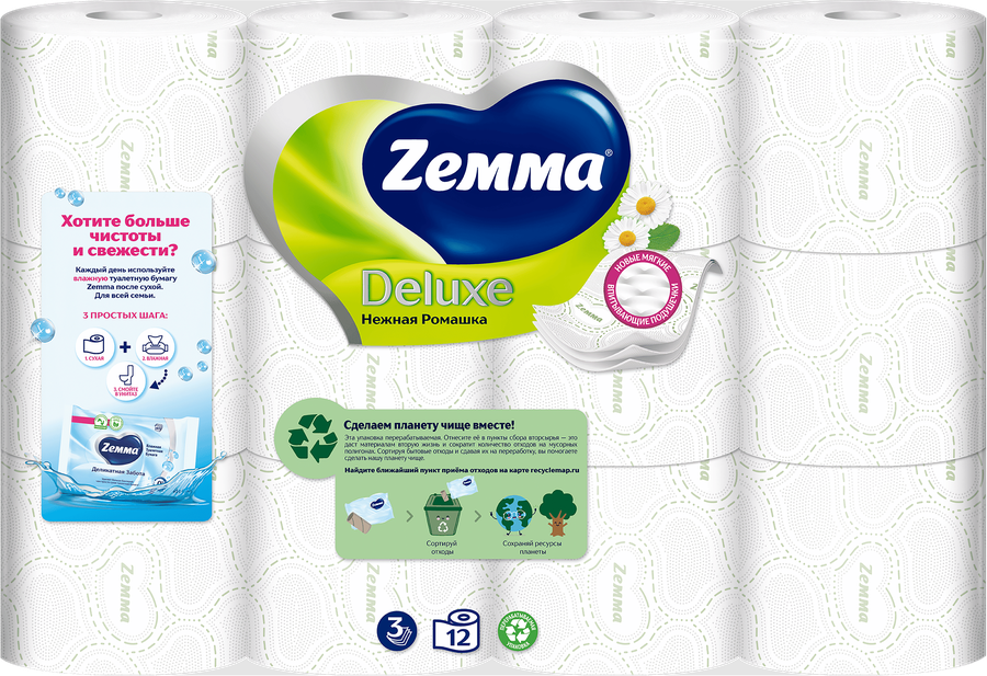 Бумага туалетная ZEMMA Deluxe Нежная Ромашка 3 слоя, 12шт, предпросмотр