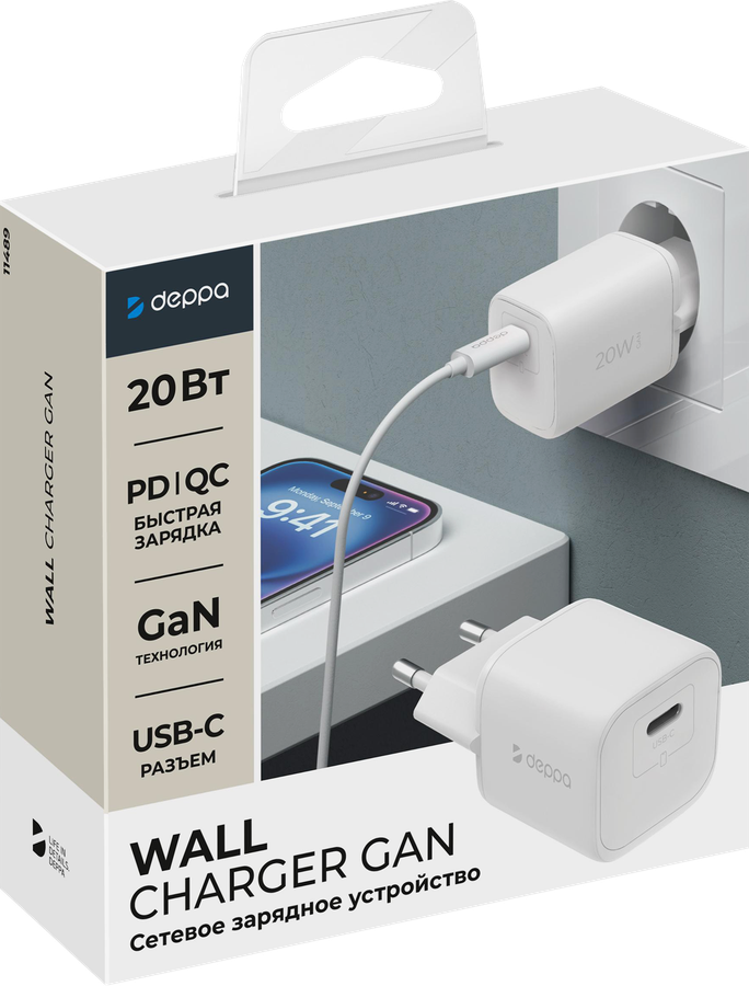 Сетевое зарядное устройство DEPPA USB-C, PD 3.0, QC 4.0+, 20W, GaN, белый, Арт. 11489, предпросмотр